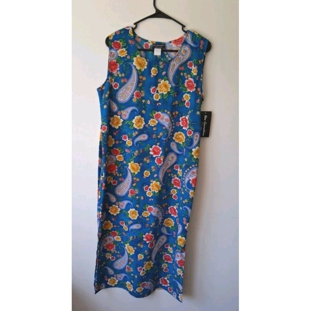 Vtg Shift Maxi Dress Women's Medium Teal Yellow Floral Paisley Resort Summer